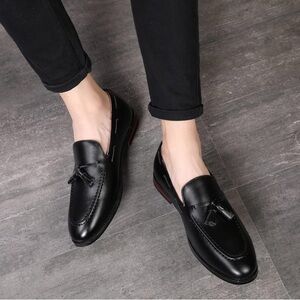 Santimon Mens Loafers Leather Casual Tassel Slip on Driving Flats Shoes Black